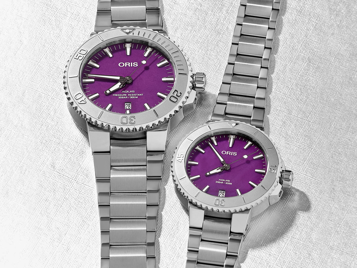 ORIS New Release of Couple Aquis Ben Bridge Limited Edition Watches with Mother of Pearl Purple Dial